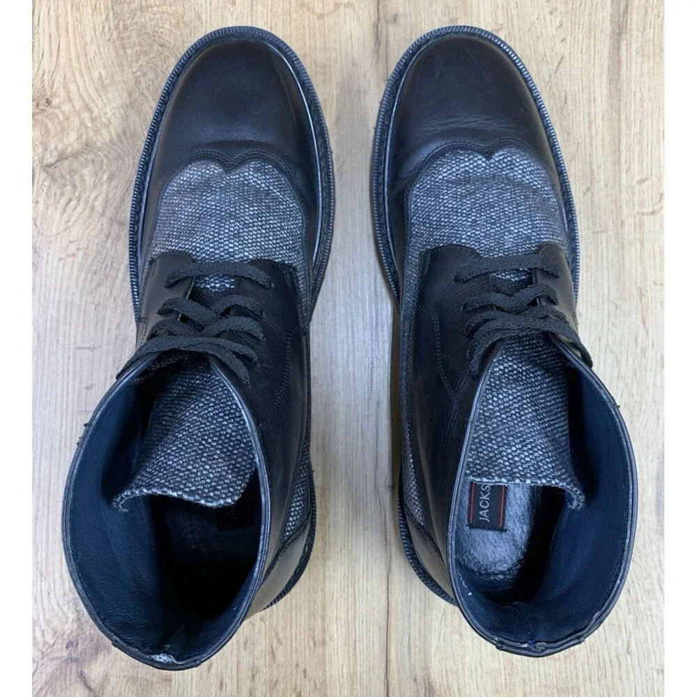 Jacks Andre Men's 10.5 Black Leather Gray Textile Chukka Boots Lug Sole Lace Up